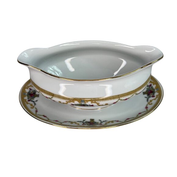 VTG Royal Bayreuth Bavaria Gravy Boat W/ Attached Plate Gold Trim Floral - Picture 3 of 13